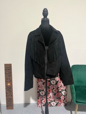 Black Fringe Suede Jacket - Women's